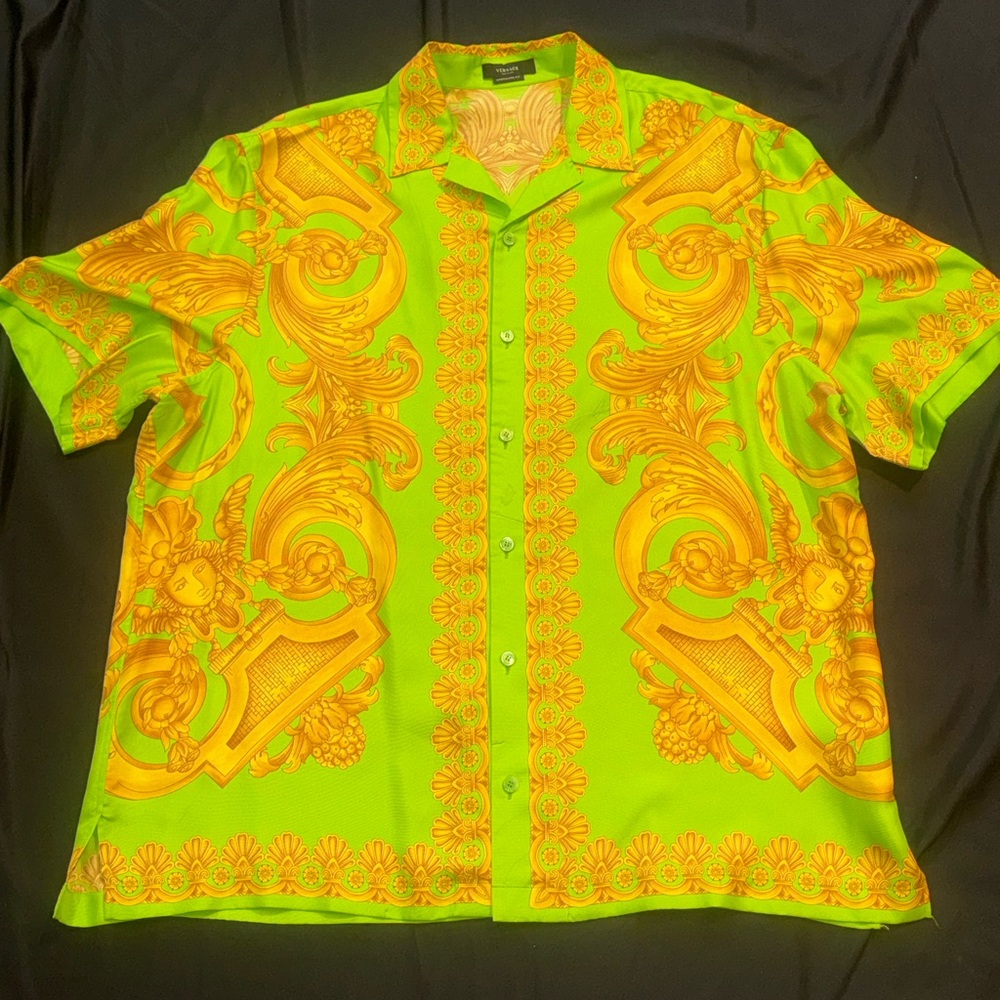 Versace Green and Gold Barocco 660 Silk Bowling Shirt